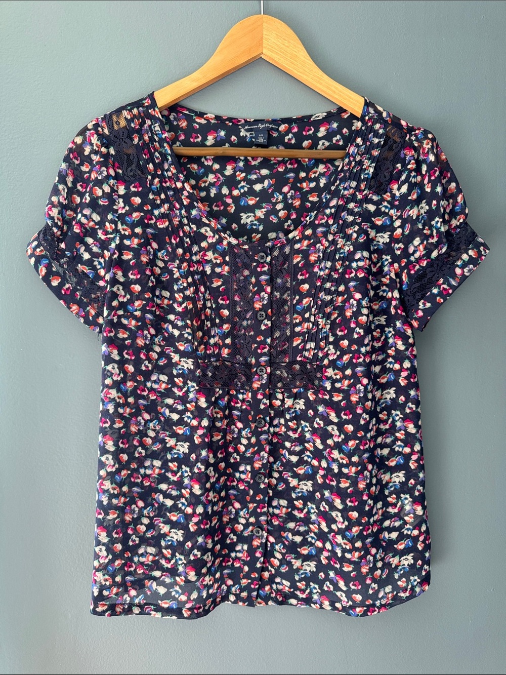 American Eagle Outfitters Navy Floral Lace-Trim Button Front Blouse